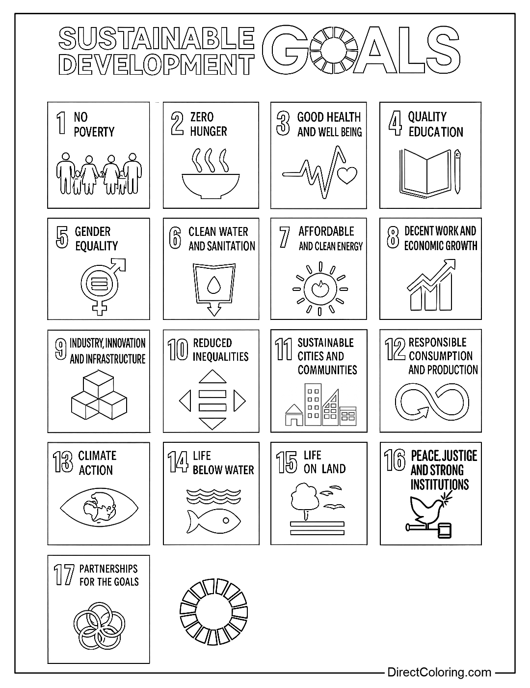 Coloring page of the icons of the 17 United Nations Sustainable Development Goals (SDGs).